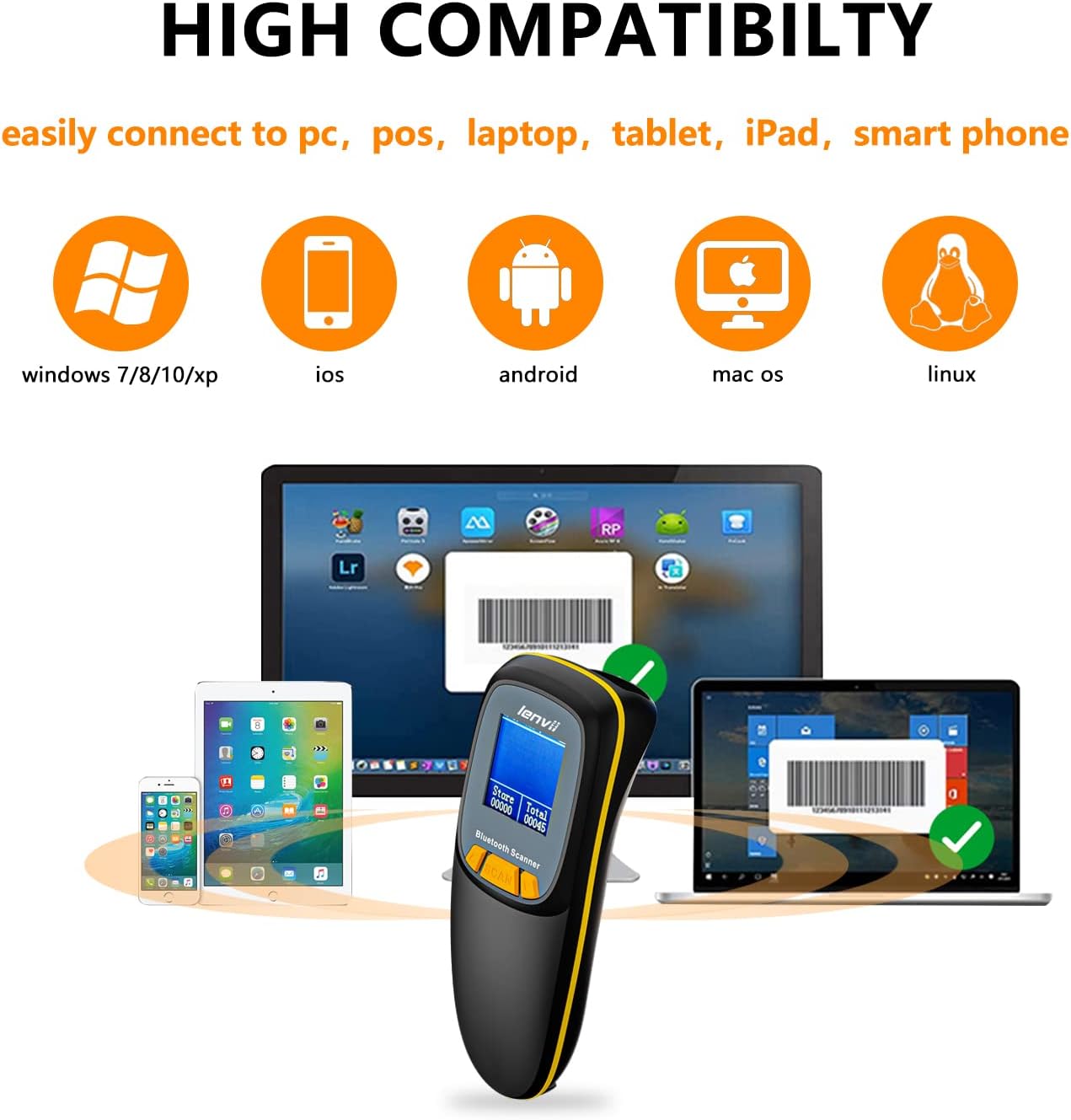 LENVII Mini Wireless Barcode Scanner Bluetooth 3-in-1 Portable Barcode Reader kabellos 1D/2D/QR Code Scanner mit Display Barcode Leser Win/Android/iOS für Geschäft, Supermarkt, Lager(Schwarz)
