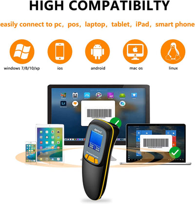 LENVII Mini Wireless Barcode Scanner Bluetooth 3-in-1 Portable Barcode Reader kabellos 1D/2D/QR Code Scanner mit Display Barcode Leser Win/Android/iOS für Geschäft, Supermarkt, Lager(Schwarz)