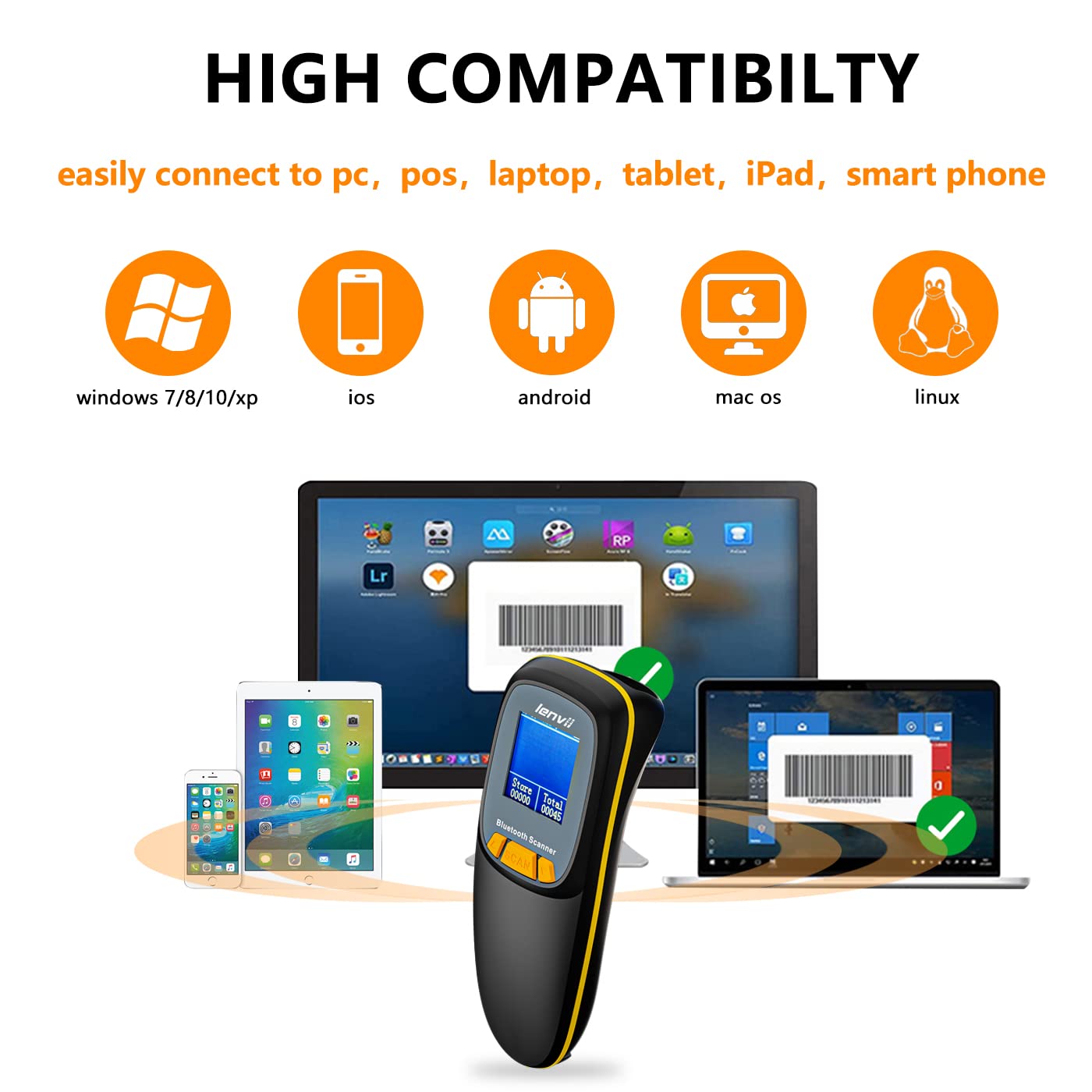 LENVII Mini Wireless Barcode Scanner Bluetooth 3-in-1 Portable Barcode Reader kabellos 1D/2D/QR Code Scanner mit Display Barcode Leser Win/Android/iOS für Geschäft, Supermarkt, Lager(Schwarz)