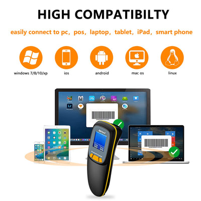 LENVII Mini Wireless Barcode Scanner Bluetooth 3-in-1 Portable Barcode Reader kabellos 1D/2D/QR Code Scanner mit Display Barcode Leser Win/Android/iOS für Geschäft, Supermarkt, Lager(Schwarz)