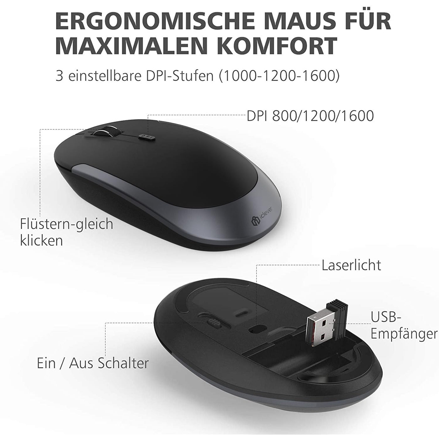 iClever GK03 2.4G Tastatur Maus Set Kabellos, Aluminium Wireless Slim Tastatur QWERTZ Layout (Deutsch), für Computer/Desktop/PC/Laptop/Oberfläsche/Windows 10/8/7/Vista/XP (2.4GHz, USB)