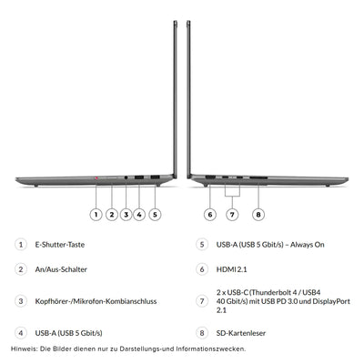 Lenovo Yoga Pro 7 14IAH10 Laptop, Intel Core Ultra 7-255H, 32 GB LPDDR5x RAM, 2 TB PCIe SSD, 14.5" 3K OLED Touchscreen Display, Intel Arc 140T GPU, Backlit QWERTZ Tastatur, Windows 11 Pro, Luna Grey