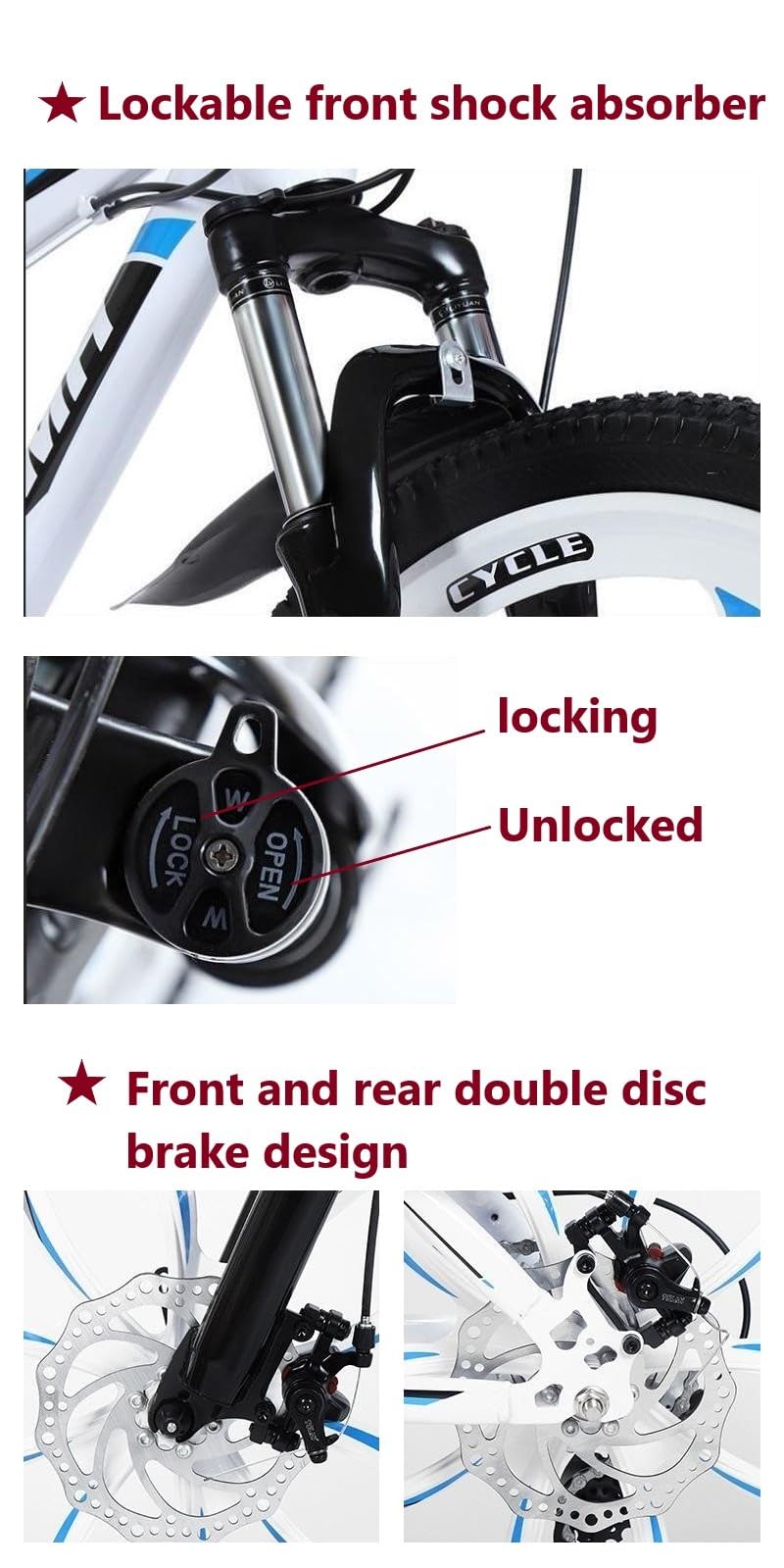 Wmmner 21-Gang-Mountainbike, Erwachsenen-Fahrrad, für Damen und Herren, 700 C, stoßdämpfende Vordergabel, 21-Gang-Variable, Schulfahrrad, Doppelscheibenbremse, Schwarz, Rot, 66 cm, 3 Stück