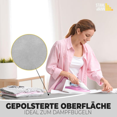 STAHLMANN ® Bügelbrett [110x30 Bügelfäche ] mit rutschfesten Füßen – robuster Bügeltisch [Made IN EU] – extra stabiles Bügelbrett – Tischbügelbrett (grau)