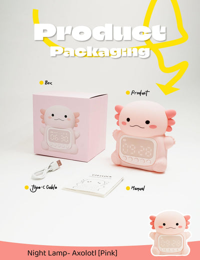 IHALO Cute Axolotl Wecker Kinder mit Nachtlicht, Kinderwecker Mädchen Nachttisch, Silikon Nachtlicht für Kinder, Wiederaufladbar, Zwei Wecker, Datum, Uhrzeit, Dekoration für Babyzimmer