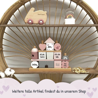 Steckspiel Haus rosa I Personalisierbares Geschenk zur Geburt Mädchen I Personalisierte Geschenke Baby I Motorikspielzeug bedruckt mit Name & Geburtsdaten