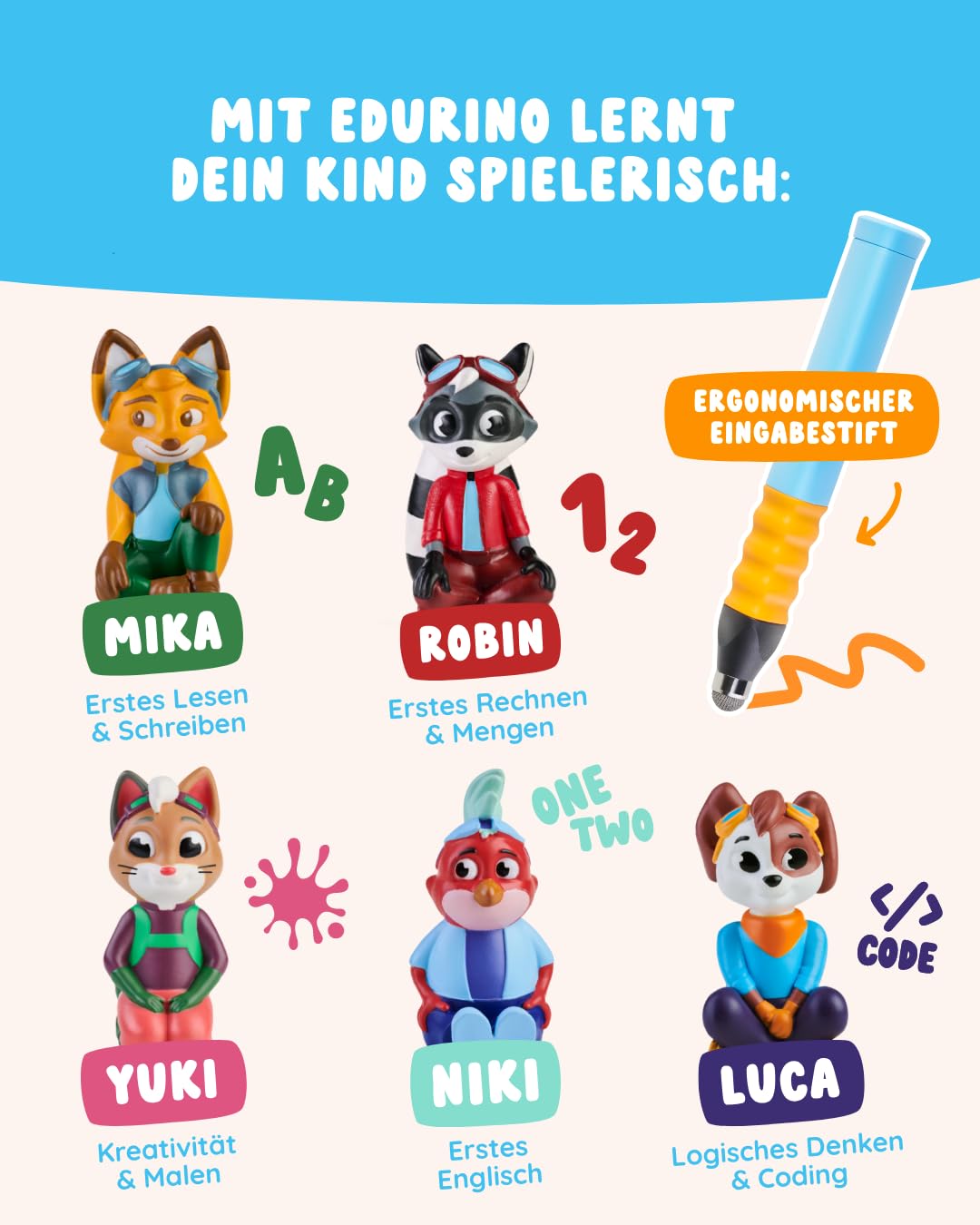 Edurino Bundle | 5 spannende Lernspiele | 4-8 Jahre | Lesen & Schreiben, Zahlen, Erstes Englisch, Logisches Denken, Kreativität inkl. Stift & Mäppchen