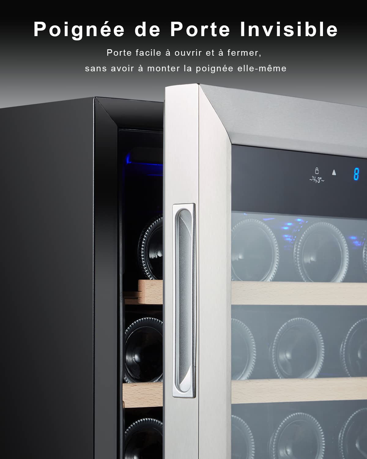 Kalamera Weinkühlschrank, 28 Flaschen 86 Liter, Touch-Bedienfeld, Edelstahl Glastür, 5-18°C Kühlzone, Abnehmbar Holzauflagen, KRC-86FCSS-W