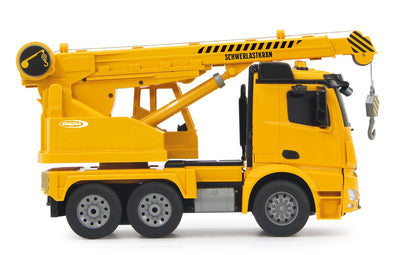 JAMARA 404950 - Schwerlastkran Mercedes Arocs 1:20 2,4G - drehbarer und ausfahrbarer Kran, Seil Heben/senken, realistischer Motorsound, Hupe, Rückfahrwarnsound, 4 Radantrieb,gelbe LED Signallichter