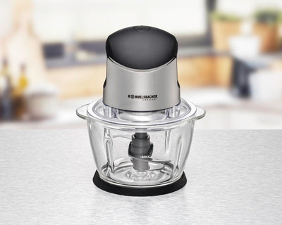 ROMMELSBACHER Multi Zerkleinerer MZ 400 – kraftvoller Motor, 4-flügeliges Spezialmesser aus Edelstahl, 1 Liter Glasbehälter, schwarz/Chrom gebürstet, 400 Watt
