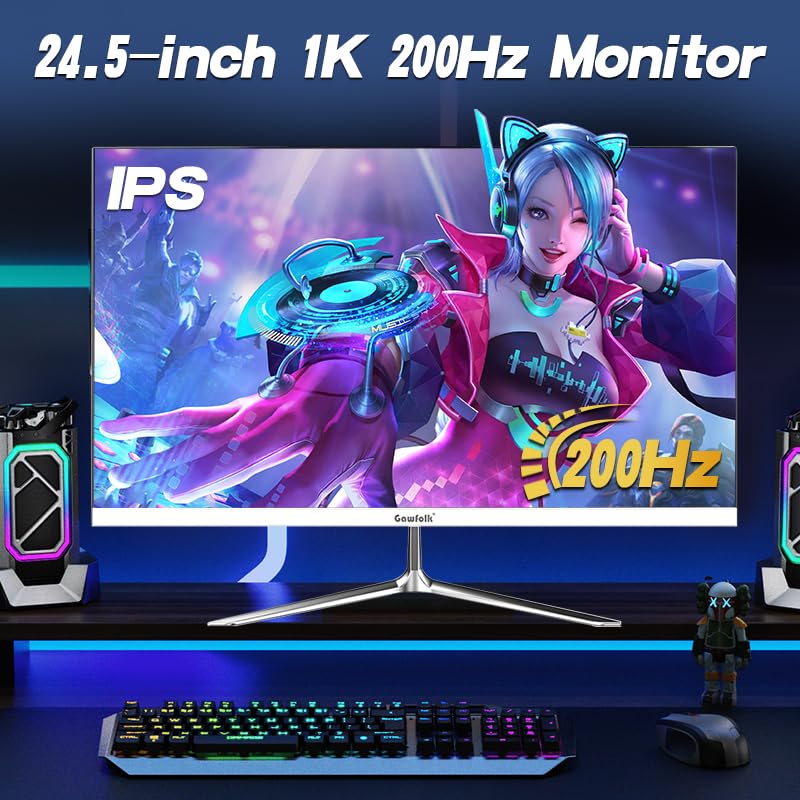 Gawfolk 24,5 Zoll Gaming Monitor mit Lautsprechern, 200 Hz PC Bildschirm FHD 1080P Rahmenlose Computermonitore, DisplayPort, HDMI, Augenpflege