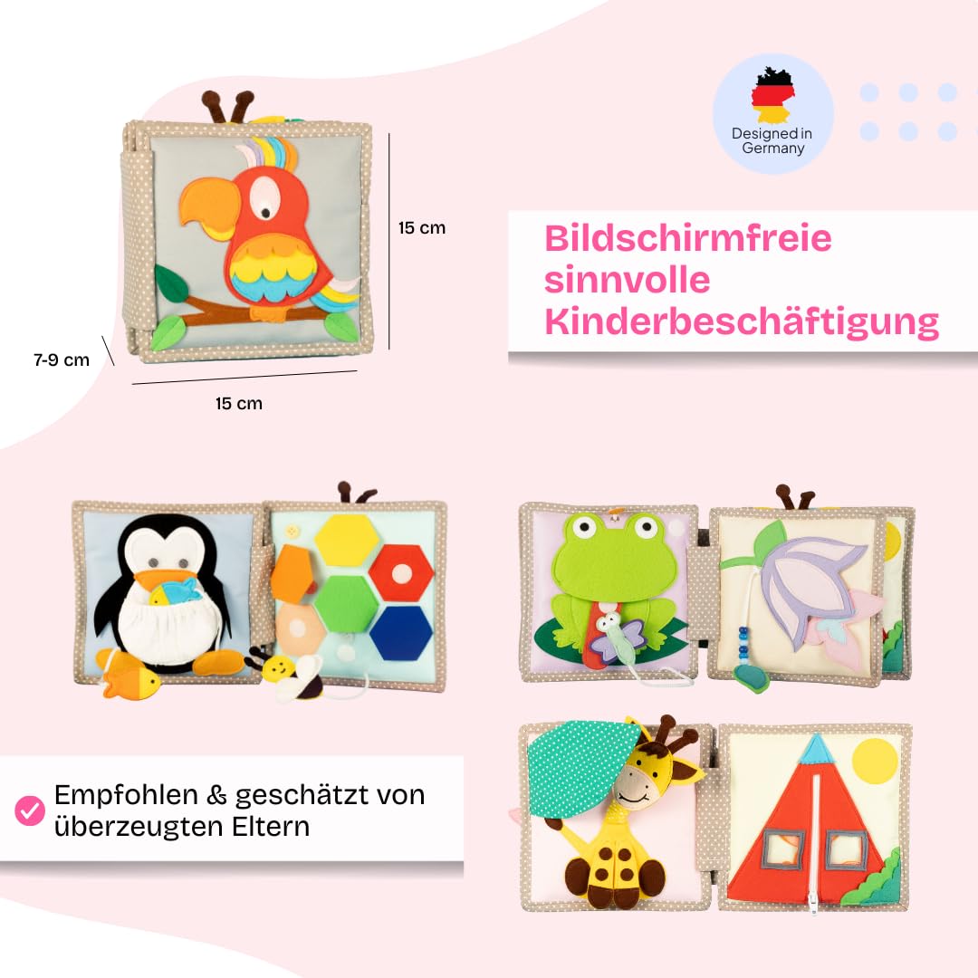 Jolly Designs – Mini Quiet Book Schillernder Papagei – Montessori Spielzeug ab 6 Monaten – Motorik & Sensorik fördern – Busy Book aus Filz – Handgefertigtes Filzbuch – Perfekt für unterwegs