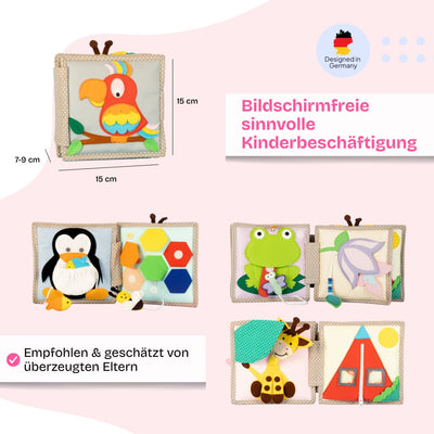 Jolly Designs – Mini Quiet Book Schillernder Papagei – Montessori Spielzeug ab 6 Monaten – Motorik & Sensorik fördern – Busy Book aus Filz – Handgefertigtes Filzbuch – Perfekt für unterwegs