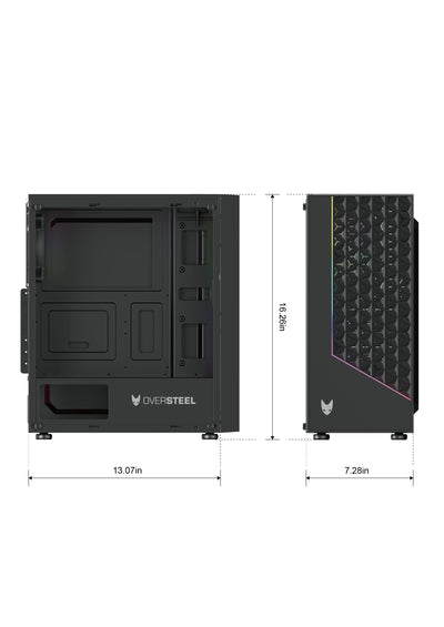 Oversteel - Iridium Gaming PC Gehäuse Kompatibel mit ATX, Micro ATX und ITX Boards, 120mm A-RGB Lüfter, Mesh Front, 2 Staubfilter, gehärtetes Seitenglas, USB 3.0, Schwarz