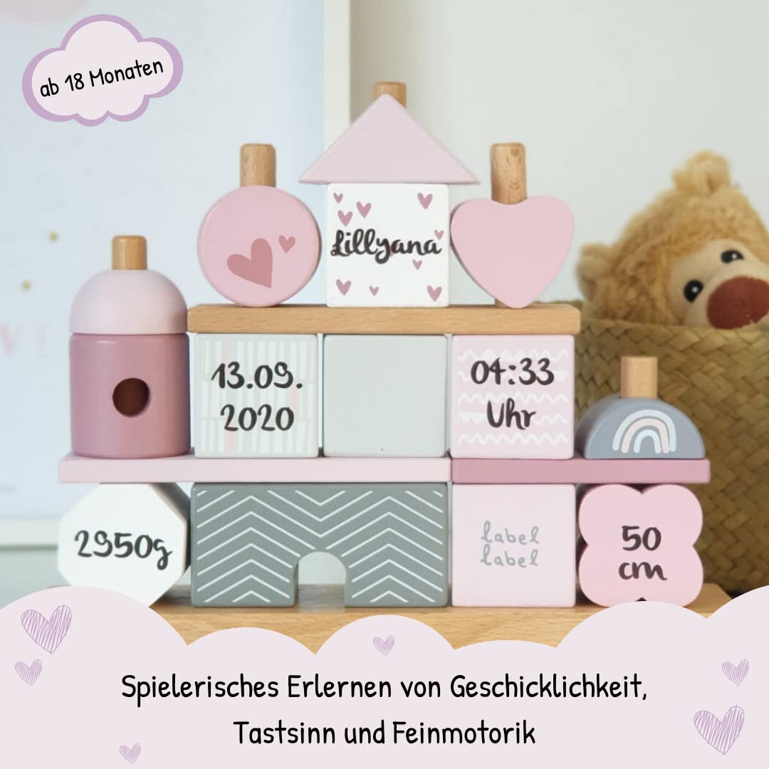 Steckspiel Haus rosa I Personalisierbares Geschenk zur Geburt Mädchen I Personalisierte Geschenke Baby I Motorikspielzeug bedruckt mit Name & Geburtsdaten