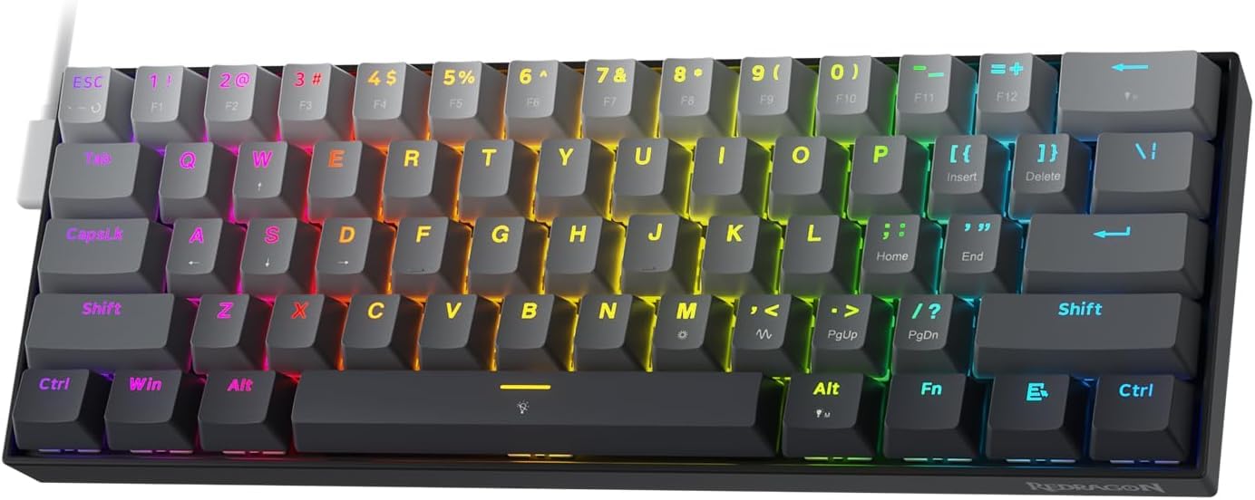 Redragon K617 Schneller Auslöser Gaming Tastatur, 60% Kabelgebundene mechanische Tastatur mit 61 Tasten, Spezieller Magnetschalter, Betätigungspunkt einstellbar, 8K-Hz-Abfragerate, Grau