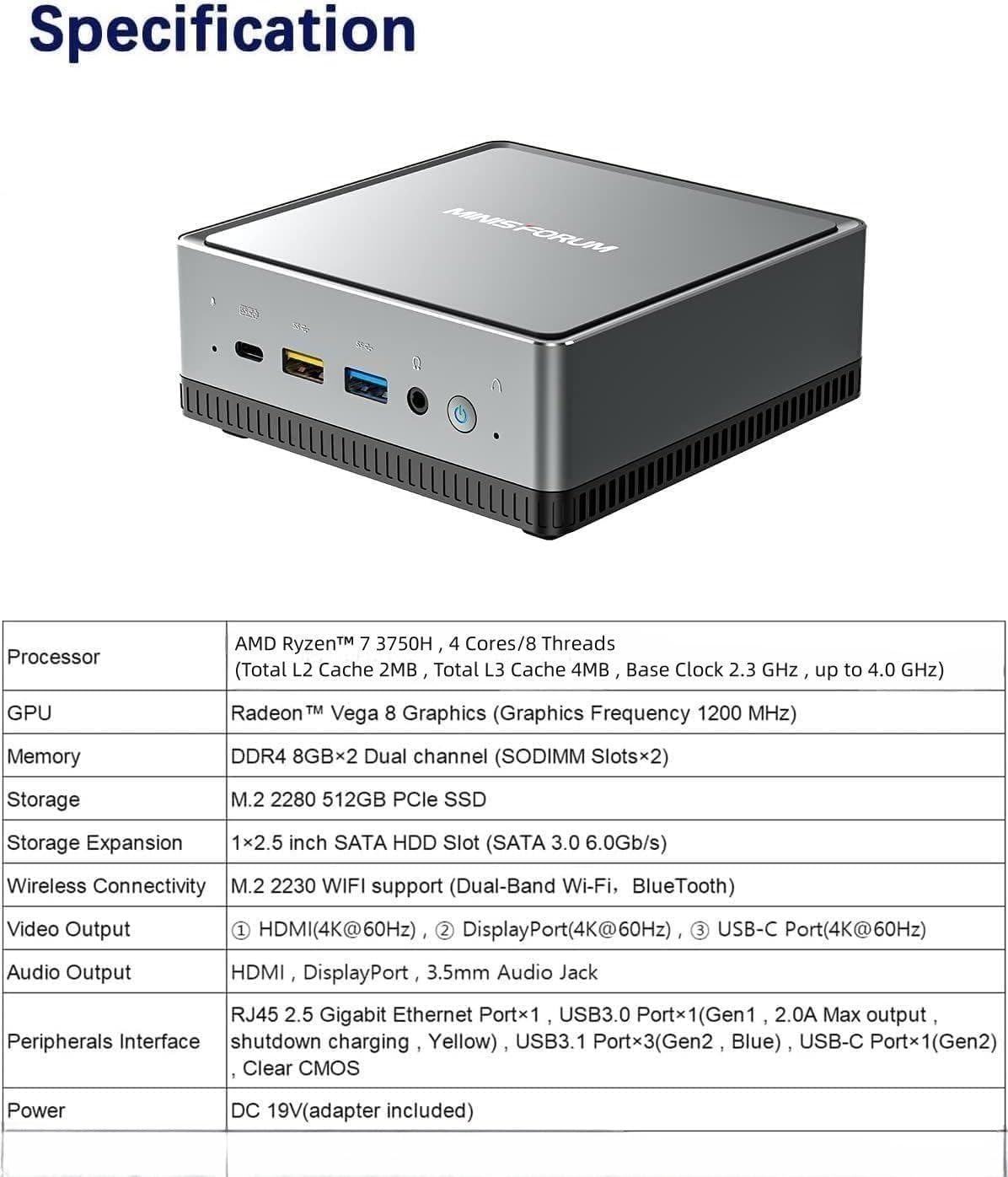 MINIS FORUM Mini PC UM700,AMD Ryzen 7 3750H 4-Kern-CPU 16 GB DDR4/512 GB SSD Mini Desktop Computer,HDMI/USB-C/DisplayPort,WLAN,USB3.1 * 3