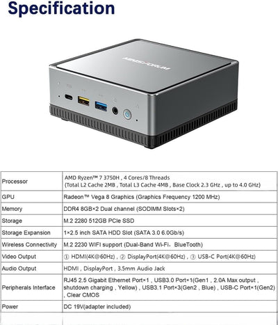 MINIS FORUM Mini PC UM700,AMD Ryzen 7 3750H 4-Kern-CPU 16 GB DDR4/512 GB SSD Mini Desktop Computer,HDMI/USB-C/DisplayPort,WLAN,USB3.1 * 3
