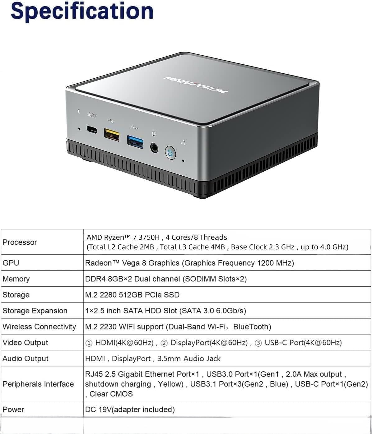 MINIS FORUM Mini PC UM700,AMD Ryzen 7 3750H 4-Kern-CPU 16 GB DDR4/512 GB SSD Mini Desktop Computer,HDMI/USB-C/DisplayPort,WLAN,USB3.1 * 3