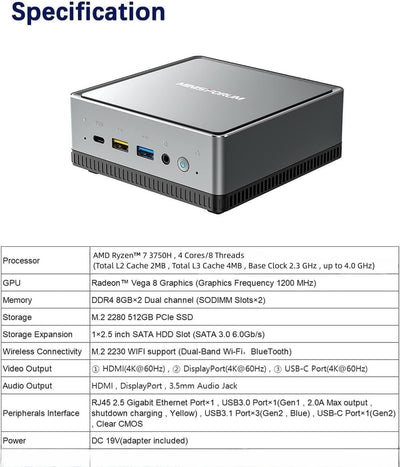 MINIS FORUM Mini PC UM700,AMD Ryzen 7 3750H 4-Kern-CPU 16 GB DDR4/512 GB SSD Mini Desktop Computer,HDMI/USB-C/DisplayPort,WLAN,USB3.1 * 3