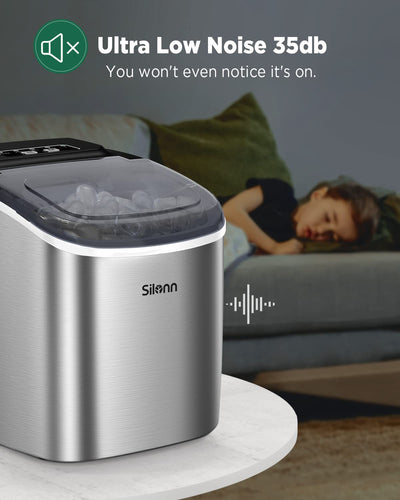 Silonn Eiswürfelmaschine, Kleine Eiswürfelmaschine mit Tragegriff, 9 Eiswürfeln in nur 6 Min., 12 kg Eis in 24 Stdn. Selbstreinigend Kompakt mit 2 Eisgrößen, Ideal für Küche Büro und Partys, Silber