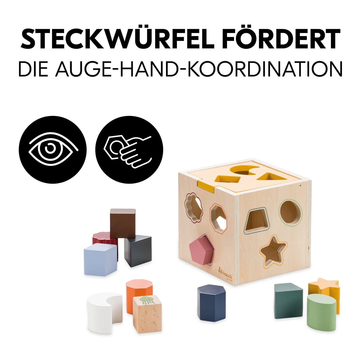 hauck Sort N Tidy Activity Würfel aus Holz – Motorikwürfel ab 1 Jahr mit 12 Steckformen & Deckel, Lernspielzeug für Kleinkinder – Nachhaltiges Holzspielzeug, Geschenk für Mädchen & Jungen