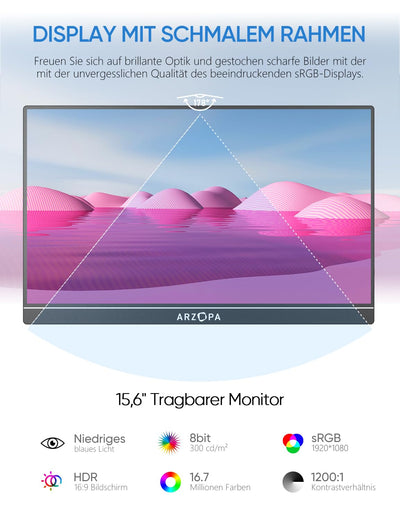 ARZOPA 16.0" 2.5k Portable Monitor, 2560x1600 HDR Display, 500nits 8bit QHD, USB-C HDMI Tragbarer Monitor für Laptop, 16:10 IPS, Unipolar Support für Mac PC PS4/5 Xbox Switch