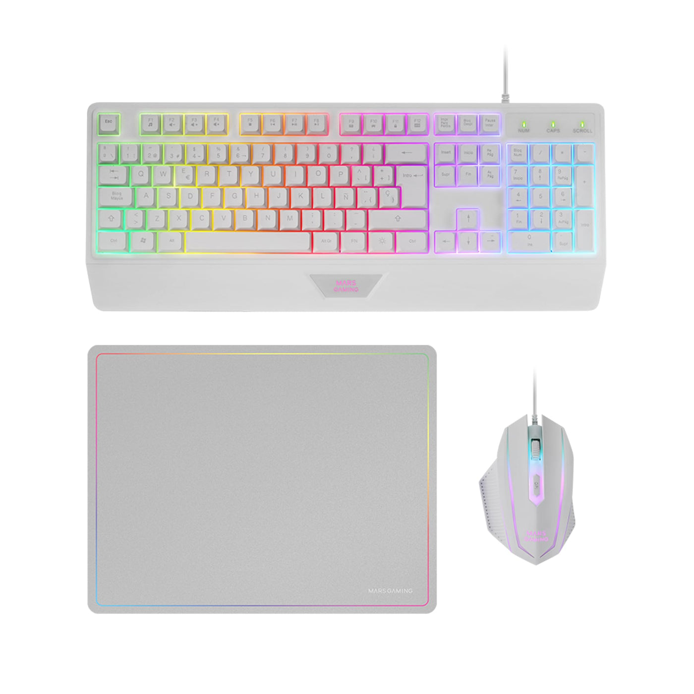 MARSGAMING MCP124, 3in1 Gaming Combo, Ergonomische H-Mech LED RGB Tastatur, RGB Maus 3200DPI HUANO Switches, Nanotextil-Mauspad 360x260mm, Multiplattform-Kompatibilität, Spanisches Layout, Weiß
