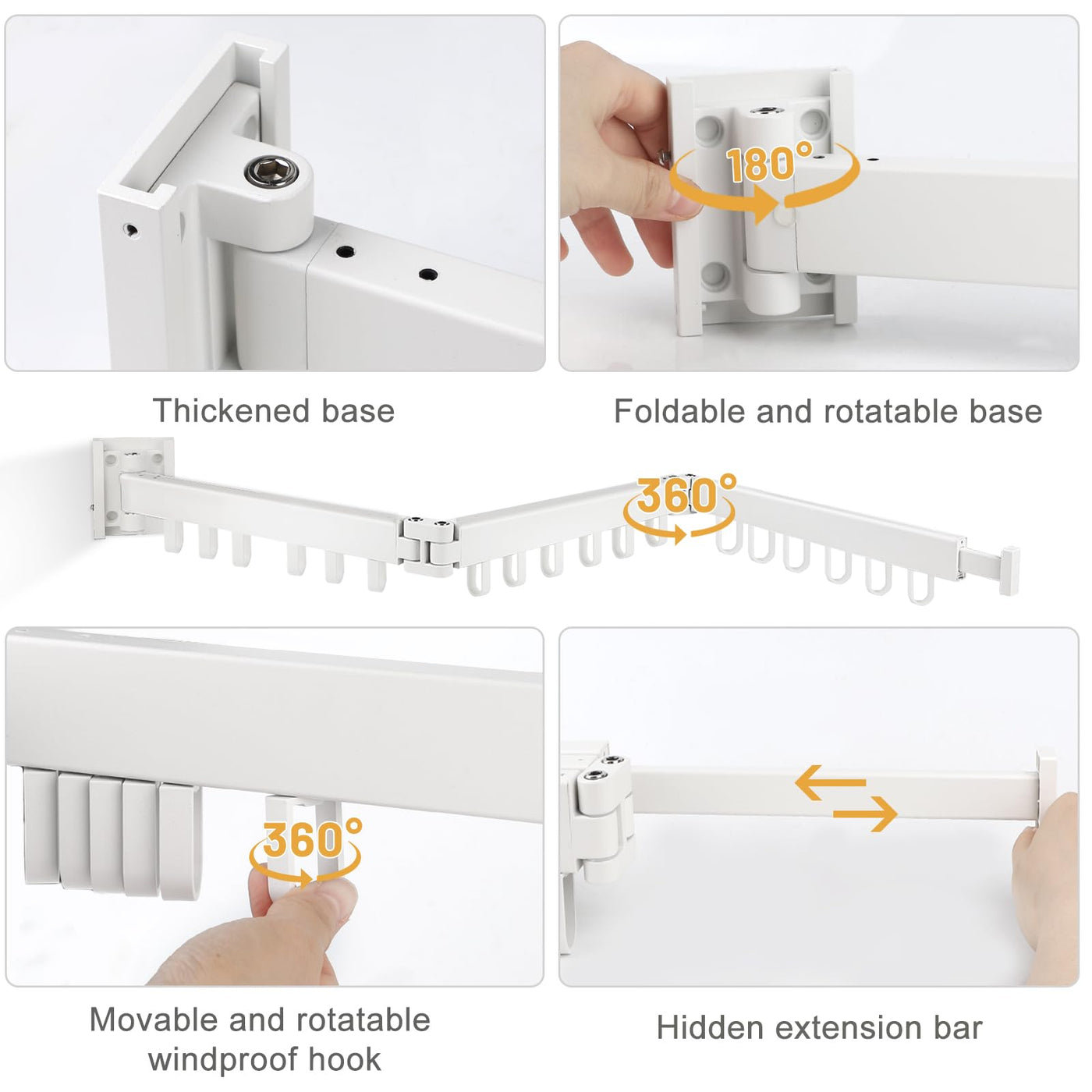 SWAWIS Wäscheständer Wandmontage Kleiderstange 120cm Ausziehbar Klappbar Wäscheständer Kleiderstange Wand mit 18 Haken für Balkon, Wäsche, Badezimmer, Schlafzimmer, DREI Falten, Weiß