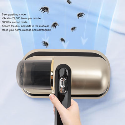 HURRISE Kabelloser Matratzenstaubsauger, Leistungsstarkes Doppelklopfen, Klopfmodus, Reinigungslicht, 2 Gänge, Geräuscharm, für den Heimgebrauch, ABS-Materialien, Champagnergold