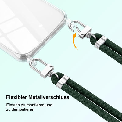 Anshow Verbesserte Handykette für iPhone 16 Plus Hülle mit Band + 1 Schutzfolie, Necklace Stoßfest Handyhülle iPhone 16 Plus Case Transparent Schutzhülle zum Umhängeband Abnehmbar, Dunkelgrün