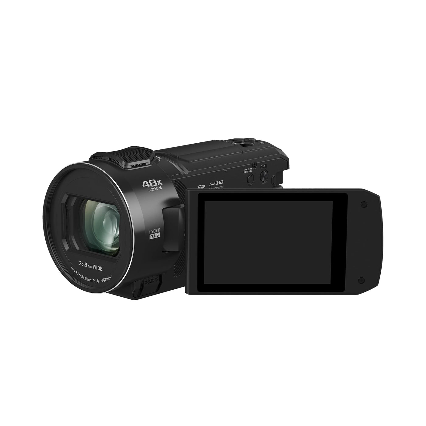 Panasonic HC-V900E-K Full-HD-Camcorder, FHD-Video, 25-mm-F1.8-Weitwinkelobjektiv, 24-facher optischer Zoom, Hybrid OIS+, HDR, Zoom-Mikrofon, Touchscreen, Schwarz