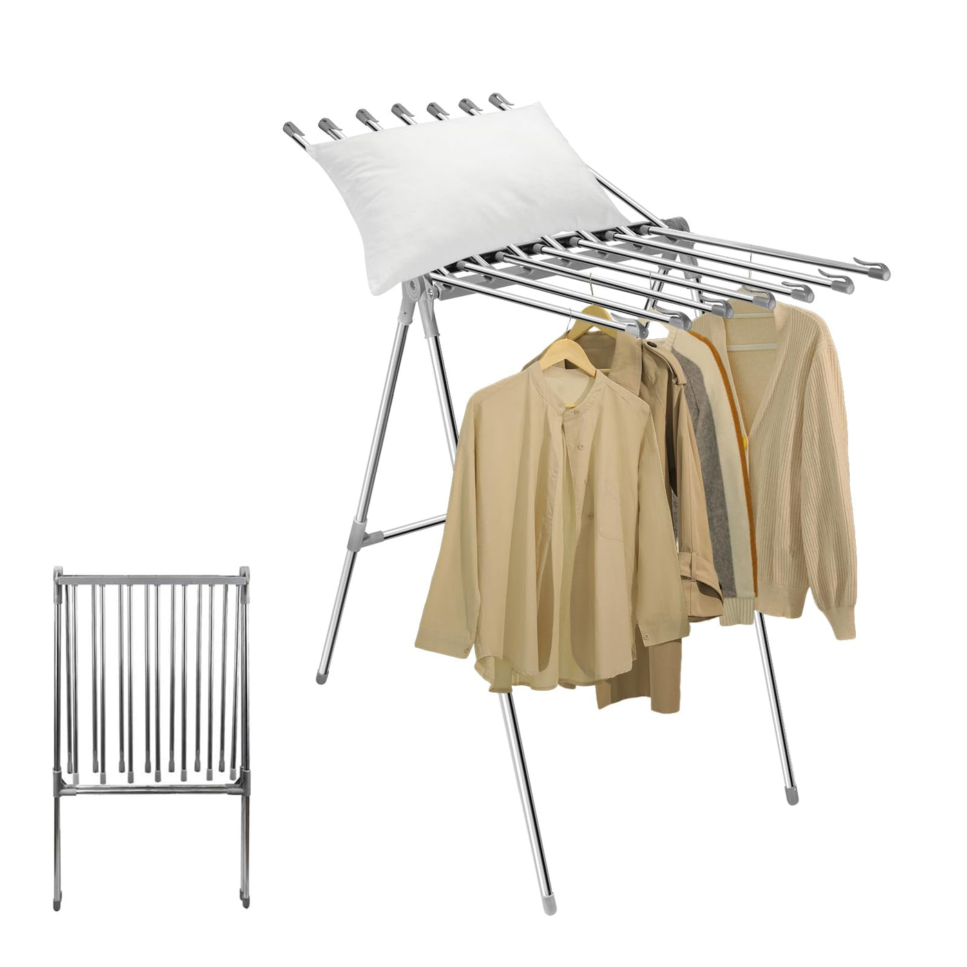 Sinbide Wäscheständer Interieur Faltbarer Wäscheständer mit 2 Flügeln Wäscheständer Edelstahl Standtrockner Gewichtskapazität 10kg Wäschetrockner mit Clip Windschutz Wäschetrockner Outdoor