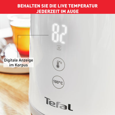 Tefal KO6931 Sense Wasserkocher | 1,5 L Kapazität | Digitalanzeige | 5 Temperaturstufen | 360°-Sockel | Wasserstandsanzeige | herausnehmbarer Kalkfilter | 30 Minuten Warmhaltefunktion| 1800W | weiß