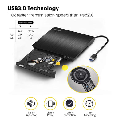 Pecosso Externe CD/DVD Laufwerk USB 3.0, Portable Slim ,RW Brenner für alle Laptops/Desktop; PC unter Windows 7/8/10 und Mac OS für Apple MacBook, MacBook Pro, MacbookAir, iMac(Schwarz)