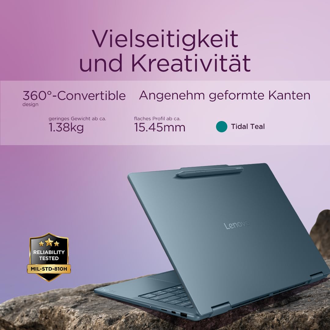Lenovo Yoga 7 2-in-1 Laptop | Copilot+ PC | 14" WUXGA OLED Display | AMD Ryzen AI 5 | AMD Radeon Grafik | 16GB RAM | 512GB SSD | Win11 | QWERTZ | Tidal Teal | Inkl. Pen | 3 Monate Premium Care