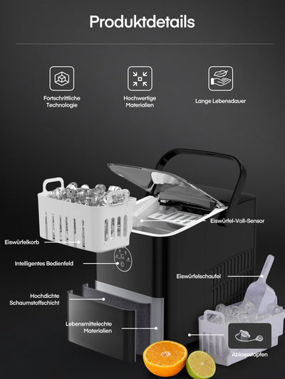 FOHERE Eiswürfelmaschine Klein, 14 kg 24 Stunden, Eiswürfel in 6 Minuten, 2 Größen von Bullet Ice, Selbstreinigende Ice Maker mit Griff, Eisschaufel u. Korb, Eiswürfelbereiter für Party, Büro, RV