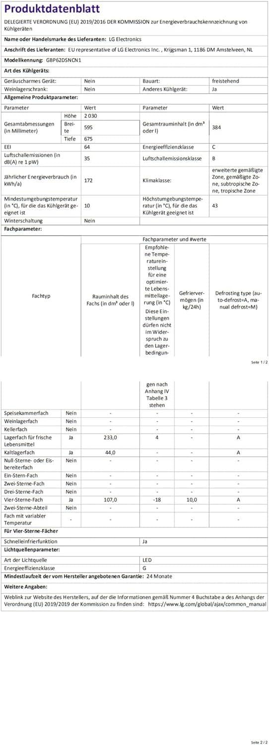 LG GBP62DSNCN1, Klasse C, 384 L, Kühl-/ Gefrierkombination, Frische Features, Kühlschrank mit Gefrierfach und Innendisplay, DoorCooling+, LINEARCooling, 59,5 x 203 x 67,5 cm ꟷ Dark Graphite