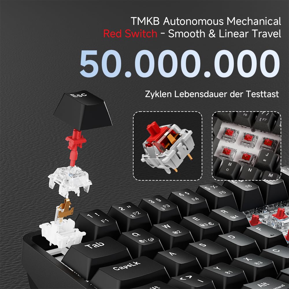 TMKB T68 Gaming Tastatur,60% Kabellos Mechanische RGB Tastatur mit Bluetooth/2.4G/Typ-C,Compact 68 Tasten Anti-Ghosting,Deutsches QWERTZ Layout,Red Linear Switch,Schwarz