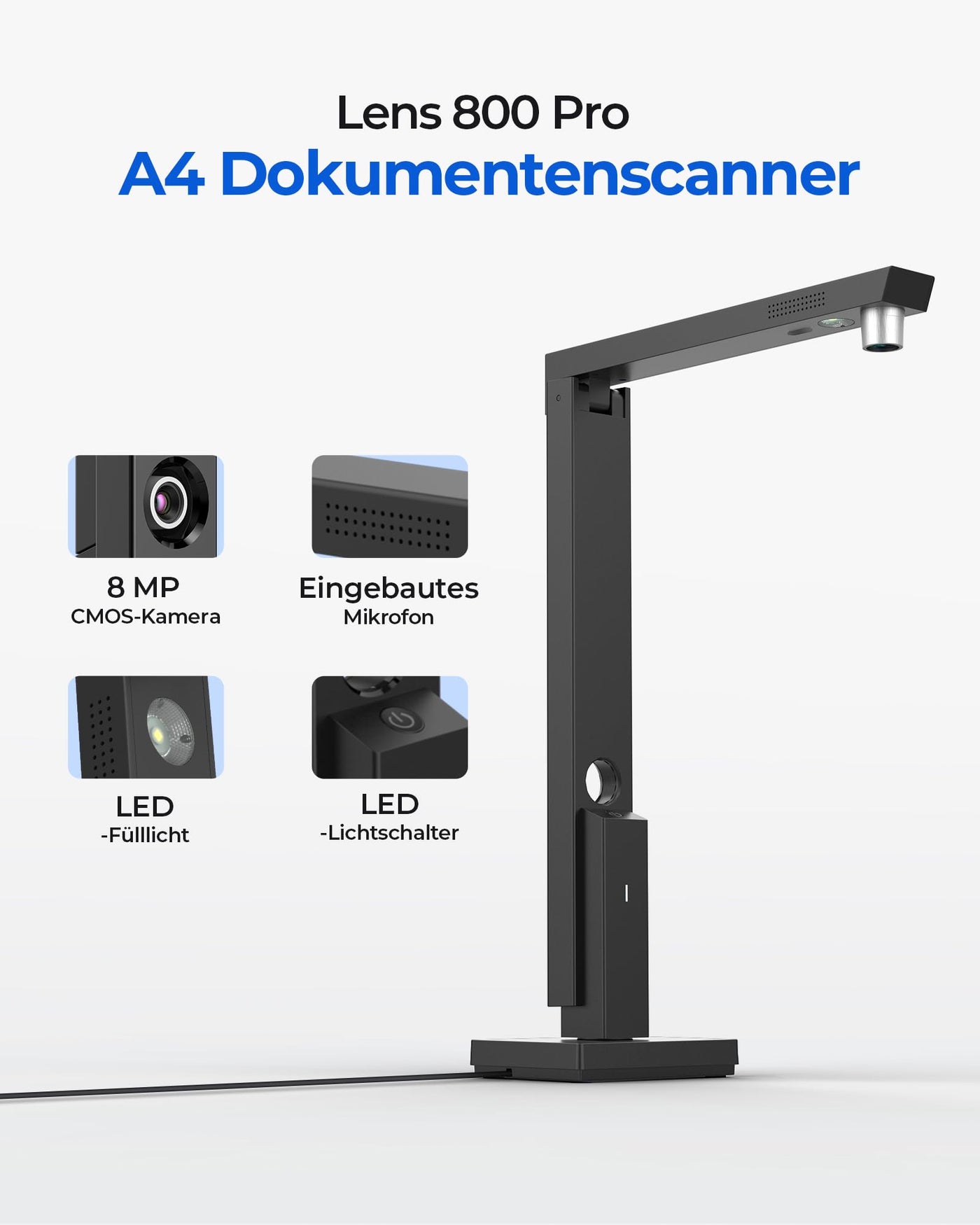 CZUR 8MP USB-Dokumentenkamera und Visualizer, A4 Dokumentenscanner tragbarer Scanner, für Lehr- und Klassenzimmer, Home-Office, kompatibel mit Windows, macOS (Lens800)