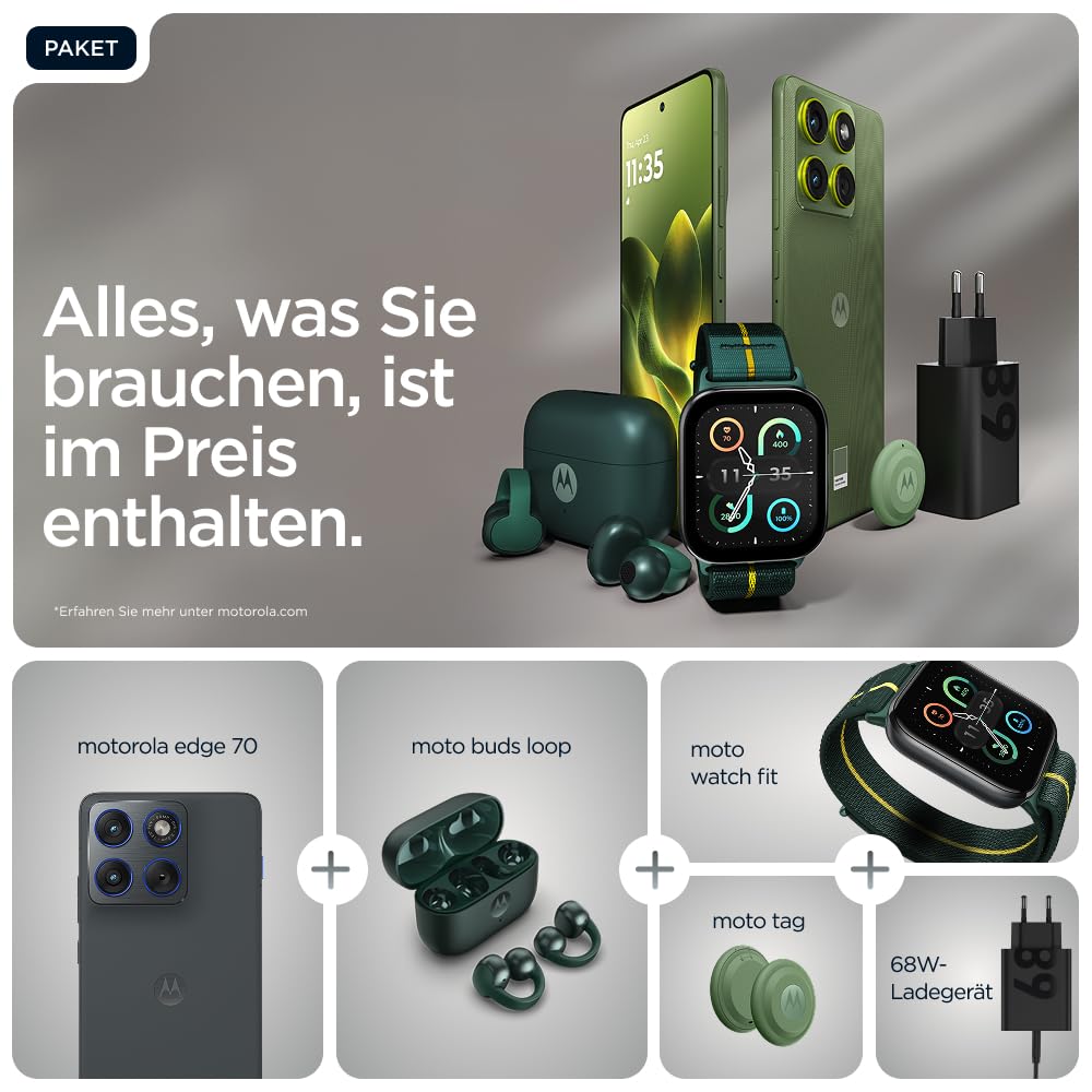 Motorola Edge 70 Smartphone (Robustes 6,67"-pOLED-Display mit Gorilla Glass 7i, 50-MP-Kamera, 12-512 GB, Wasser- und hitzebeständig, 68W-TurboPower-Aufladen), Pantone Gadget Gray, inkl. Magnetcover