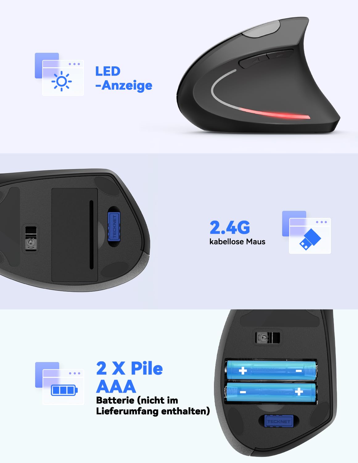 TECKNET Wireless Vertikale Ergonomische Maus, 4800 DPI 5 Tasten Kabellose Optische Maus, 2.4G USB Vertical Ergonomic Optical Mouse Kabellos für Windows und Mac OS