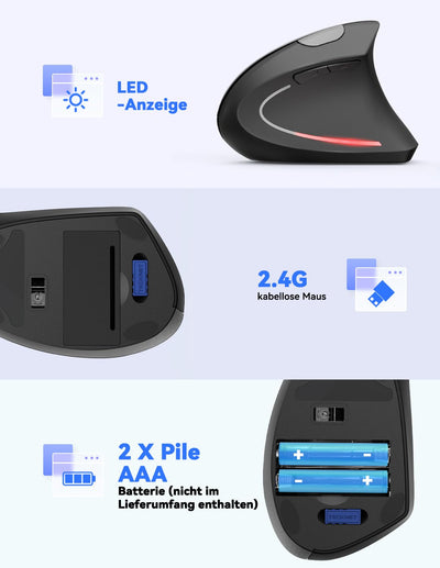 TECKNET Wireless Vertikale Ergonomische Maus, 4800 DPI 5 Tasten Kabellose Optische Maus, 2.4G USB Vertical Ergonomic Optical Mouse Kabellos für Windows und Mac OS