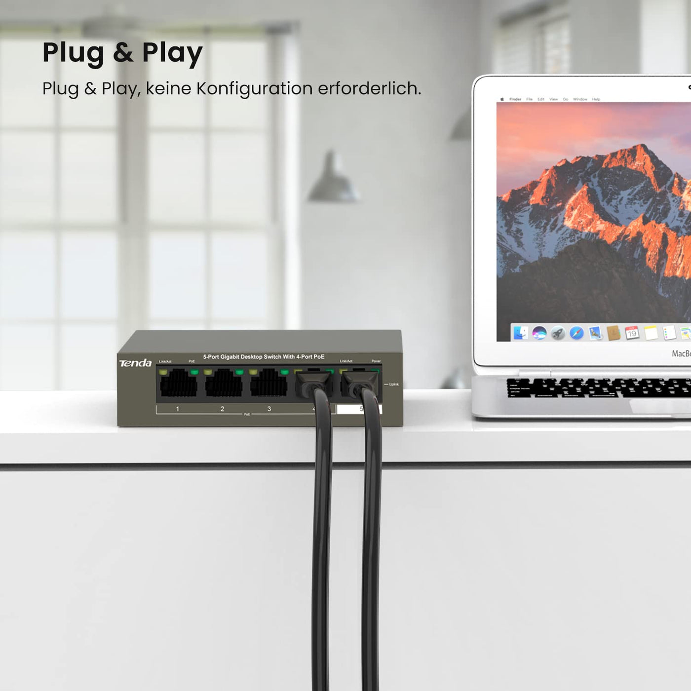 Tenda Gigabit PoE Switch 5 Ports mit 4 PoE+ Ports & 1 Uplink-Port (58W, VLAN, IEEE-802.3af/at PoE, lüfterlos, Plug-and-Play, Metallgehäuse) (TEG1105P-4-63W)
