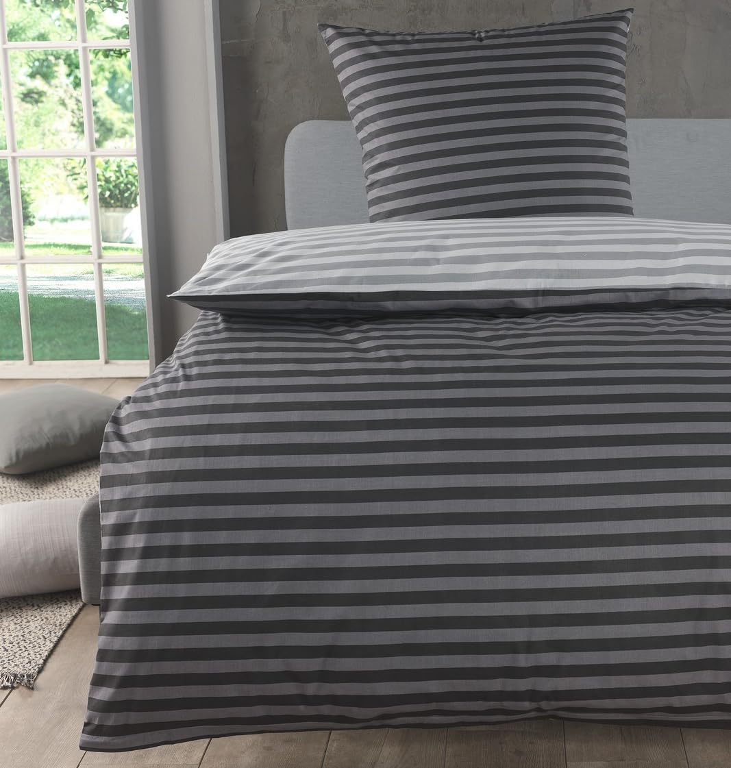 MALIKA Bettwäsche 135x200 Baumwolle, 2-teiliges Set, Streifenmuster, Wende Bettbezug 135 x 200 cm, Kissenbezug 80x80 cm, Renforcé, atmungsaktiv, maschinenwaschbar, Grau