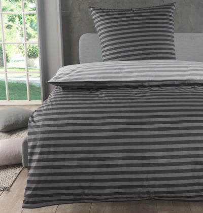 MALIKA Bettwäsche 135x200 Baumwolle, 2-teiliges Set, Streifenmuster, Wende Bettbezug 135 x 200 cm, Kissenbezug 80x80 cm, Renforcé, atmungsaktiv, maschinenwaschbar, Grau