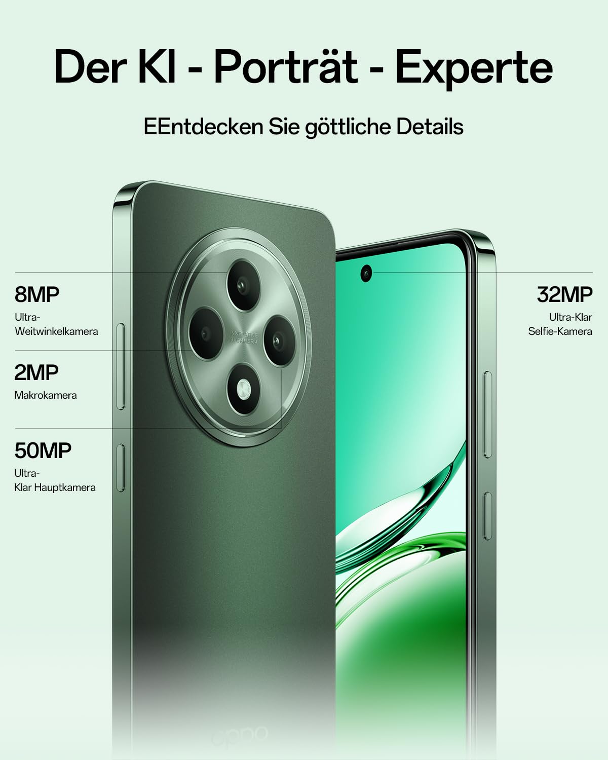 OPPO Reno12 FS 5G 12+512GB, KI Android-Smartphone (entsperrt), 6,67" 120Hz AMOLED Display, Dimensity 6300 Handy, 50+8+2MP KI-Kamera, 5000mAh 45W, IP64 wasserfest, NFC, Grün