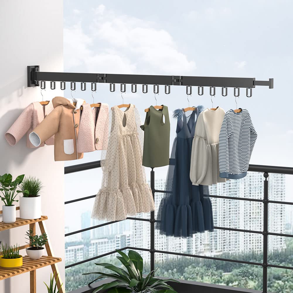 Wäscheständer zur Wandmontage, einziehbarer Kleiderständer mit Haken, 360° drehbar, dreifach zusammenklappbar, Wäscheständer für Balkon, Wäsche, Badezimmer (schwarz)