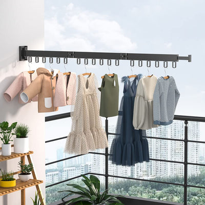 Wäscheständer zur Wandmontage, einziehbarer Kleiderständer mit Haken, 360° drehbar, dreifach zusammenklappbar, Wäscheständer für Balkon, Wäsche, Badezimmer (schwarz)