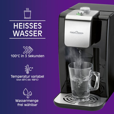 ProfiCook® Heißwasserspender | heißes Wasser in 3 Sekunden | Wasserkocher | 2,2 Liter Fassungsvermögen | kochendes Wasser auf Knopfdruck | Edelstahlgehäuse | Edelstahlanzeige | 2600 Watt | PC-HWS 1168